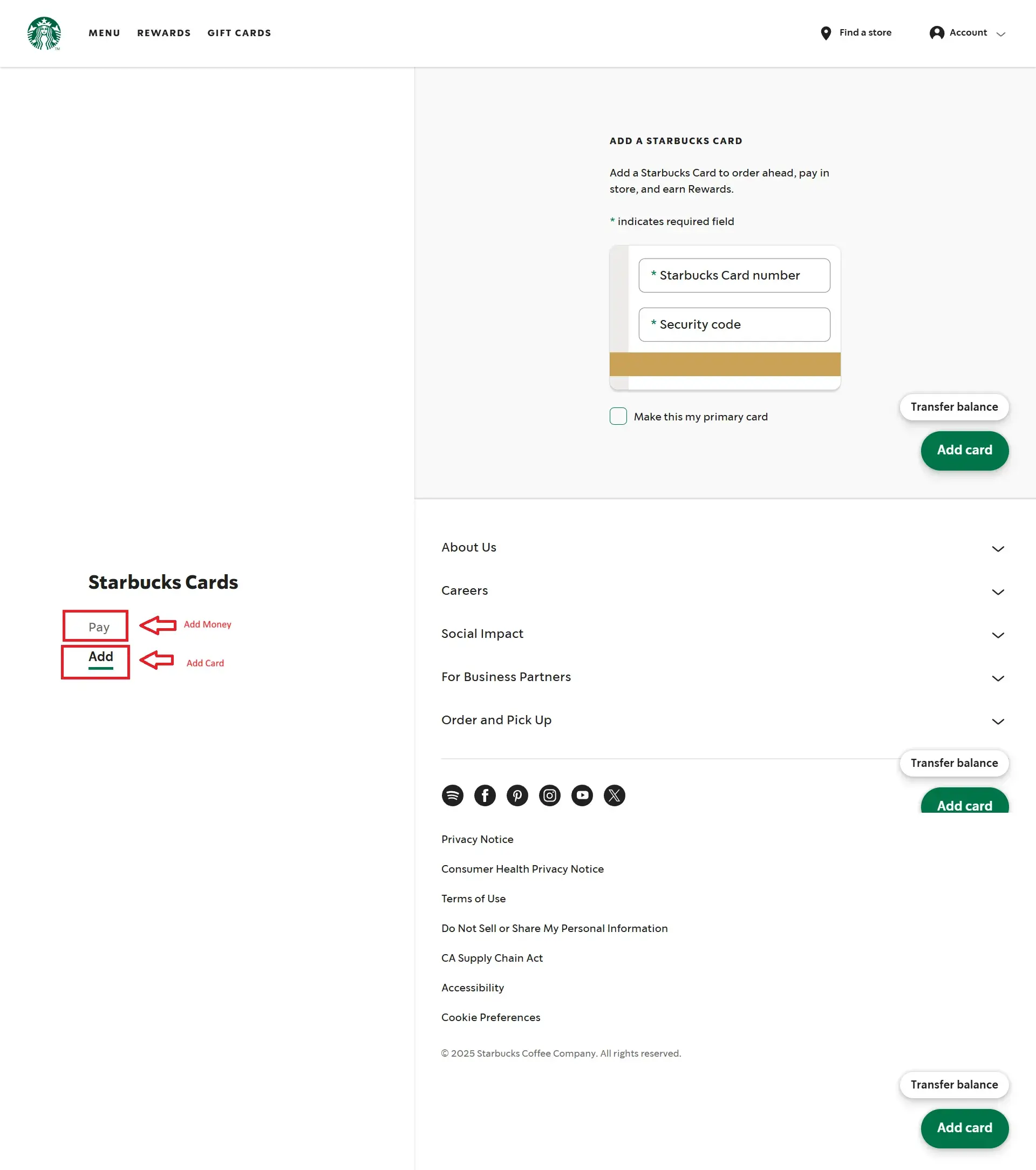 Add card and money to startbucks account