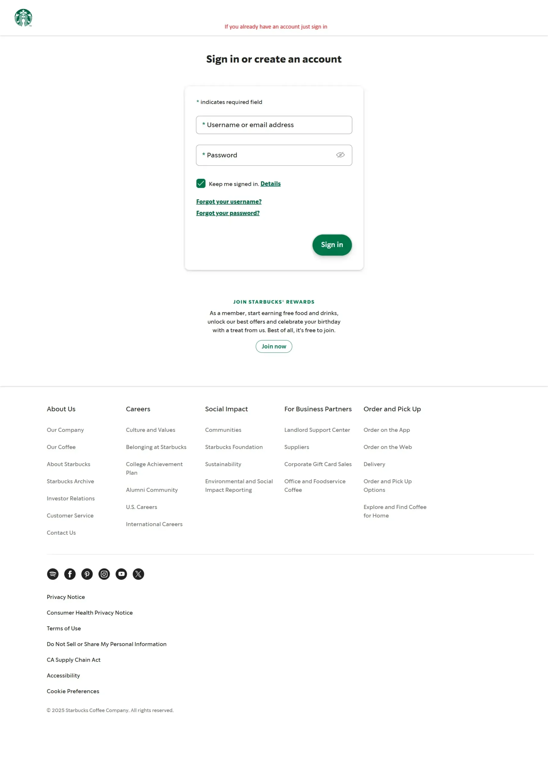 sign in to starbuck account